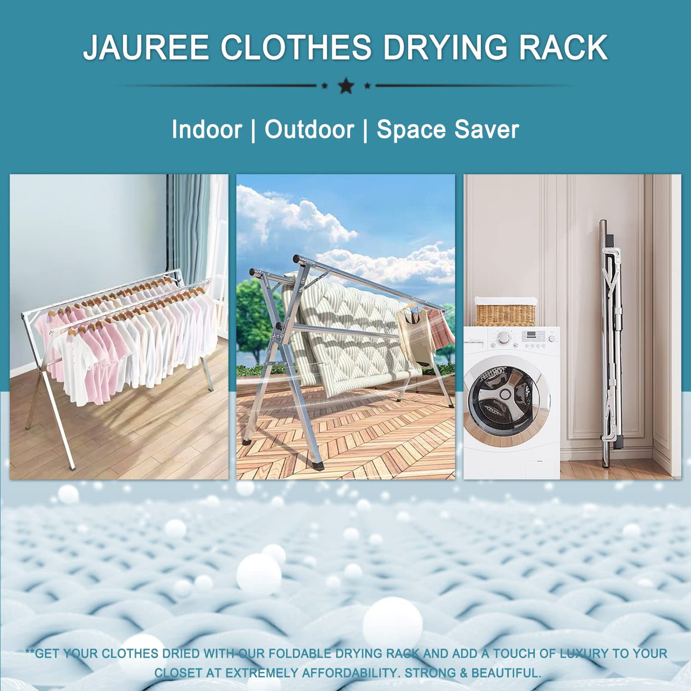 JAUREE 2.4m Wäscheständer, Wäscheständer Kleidung Faltbar Indoor Outdoor, Robuster Edelstahl Wäscheständer, Klappbarer Tragbarer Kleiderständer mit 20 Windfesten Haken