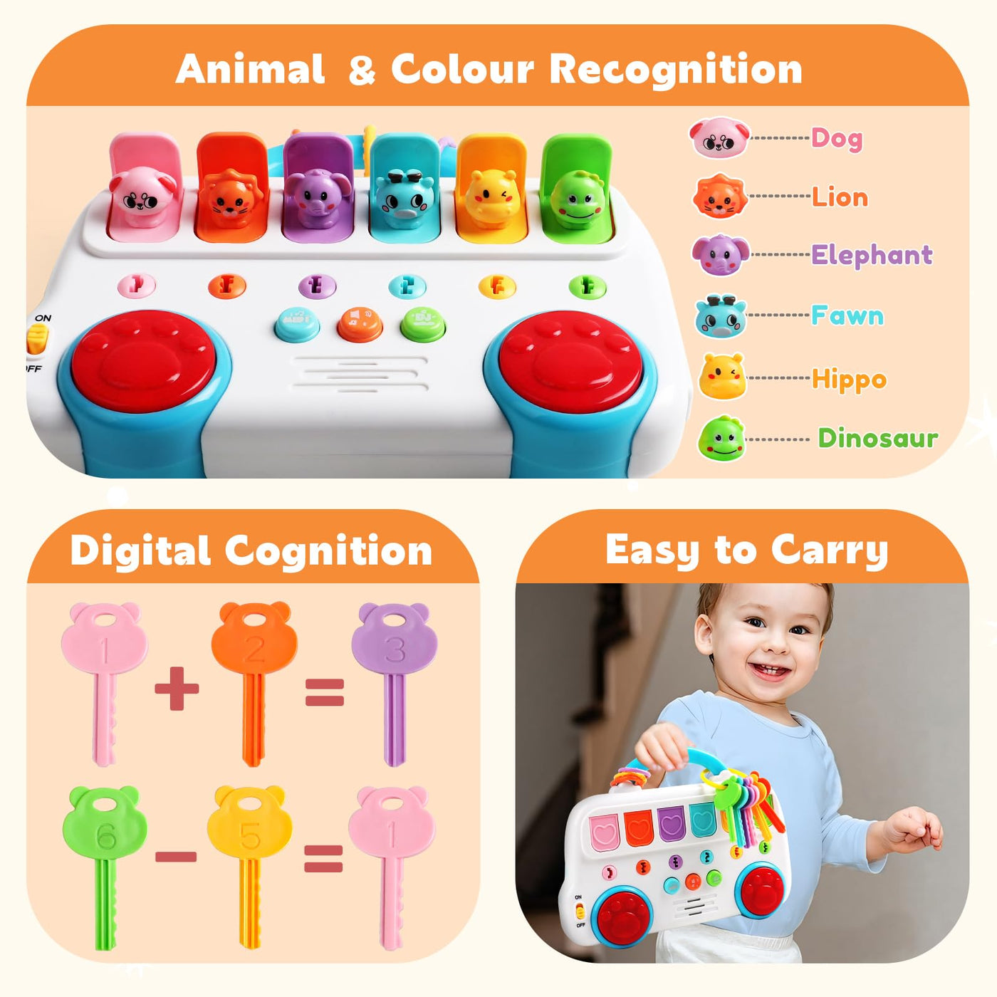 Montessori Spielzeug ab 1 Jahr-Kinderspielzeug ab 1 Jahre Musik Babyspielzeug ab 1 Jahre mit Licht & Klang Schlüsseltier Motorikspielzeug Musikspielzeug Geschenke Spiel ab 1 2 Jahr Mädchen Junge