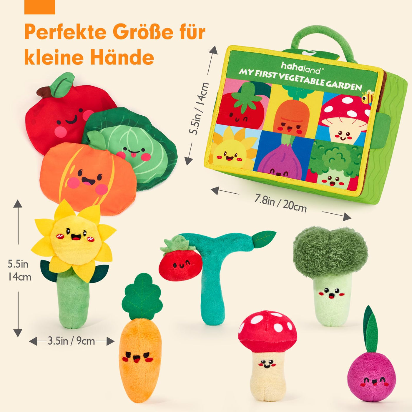 hahaland Montessori Spielzeug Baby - Obst und Gemüse Garten Plüschtier-Set, Motorik Baby Spielzeug 6 Monate mit Rasseln Spiegel Tragbarer Box,Weihnachts Geschenk für Spielzeug ab 6 7 8 9 10 12 Monate