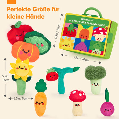 hahaland Montessori Spielzeug Baby - Obst und Gemüse Garten Plüschtier-Set, Motorik Baby Spielzeug 6 Monate mit Rasseln Spiegel Tragbarer Box,Weihnachts Geschenk für Spielzeug ab 6 7 8 9 10 12 Monate