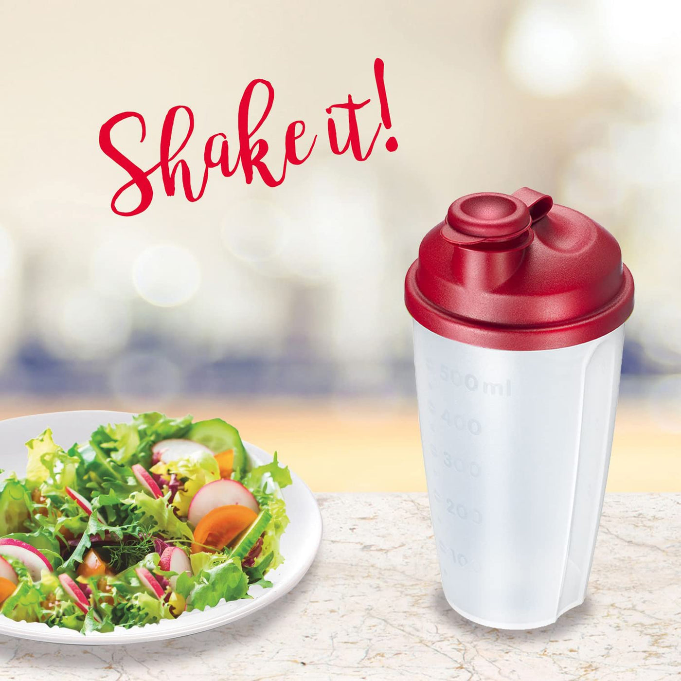 Westmark 2 Mix- und Schüttelbecher/Dressingshaker mit Mess-Skala, herausnehmbarer Mixscheibe und verschließbarem Ausgießer, Fassungsvermögen: 0,5l, Kunststoff, BPA-frei, Farbe: Transluzent/Rot