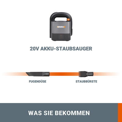 WORX WX030.9 Max Akku Autostaubsauger - beutelloser Hand-Staubsauger - 20V - mit Fugendüse und Kombidüse - ohne Akku & Ladegerät