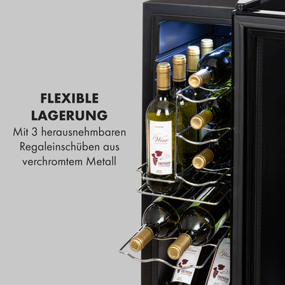 Klarstein Weinkühlschrank, 1 Zonen Getränkekühlschrank Klein, Kleiner Weinschrank 32L, Wein-Kühlschrank Klein mit Glastür, Indoor/Outdoor Flaschenkühlschrank, Wine Fridge 5-18°C, 12 Flaschen