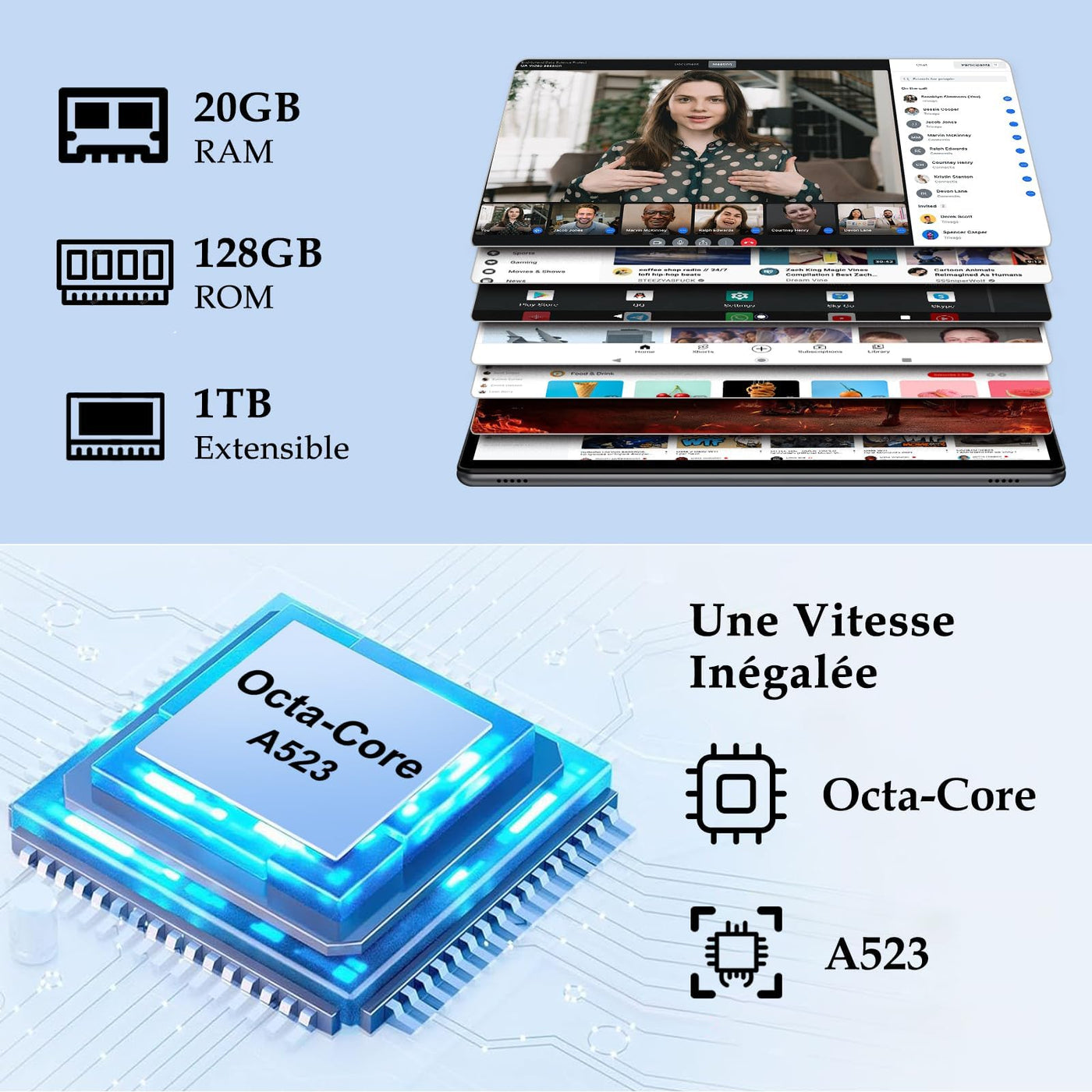 ZIOVO Tablet 10 Zoll Android mit 20GB RAM+128GB ROM(TF 1TB), 5G WiFi 6, Octa-Core, Widevine L1, Face ID, 1280 * 800, 6000mAh, Bluetooth 5.0, GMS Certified Tablet mit Eva Case - Blau