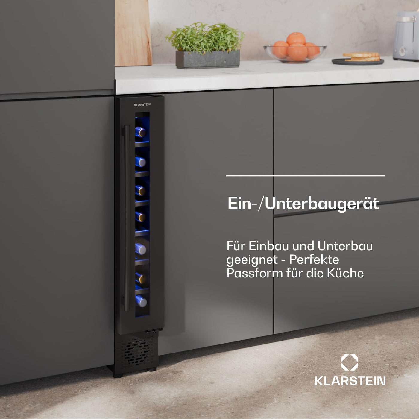 Klarstein Vinovilla 7 Uno Weinkühlschrank Einbau - 7 Flaschen, 1 Zone, 5-18 °C, LED-Beleuchtung, Leiser Betrieb, Mattschwarz, Schmaler Weinkühlschrank