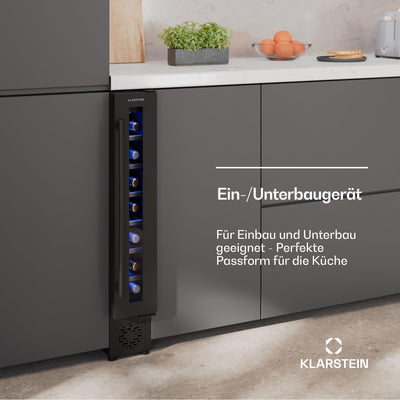 Klarstein Vinovilla 7 Uno Weinkühlschrank Einbau - 7 Flaschen, 1 Zone, 5-18 °C, LED-Beleuchtung, Leiser Betrieb, Mattschwarz, Schmaler Weinkühlschrank