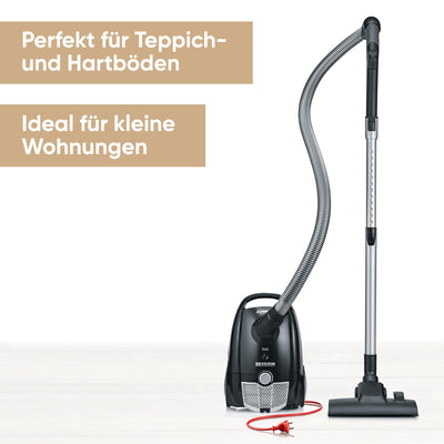 SEVERIN Staubsauger mit Beutel, kompakter & leiser Bodenstaubsauger für Teppich - & Hartböden, 750 W, Soft-Sound-Bodendüse, 8 m Reichweite, schwarz, BC 7030