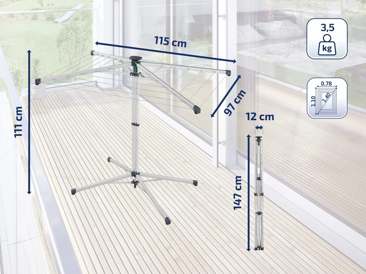 Leifheit Standwäschespinne LinoPop-Up 140, Wäscheständer mit vier Leinenarmen, platzsparender Standtrockner, selbststehende Wäschespinne, 14m Wäscheleine, Öffnung auf Knopfdruck, inkl. Schutzhülle