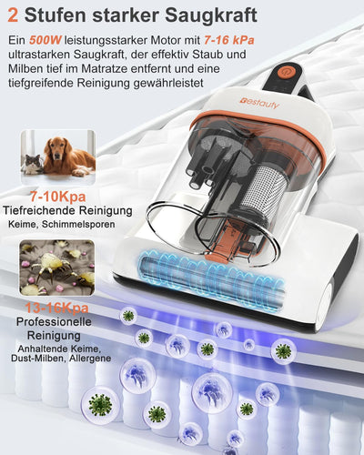 Bestauty Milbensauger für Matratzen, 2 Stufen starken Saugens 7-16 kPa Milbenstaubsauger 500W mit UV-Licht, 55°C Heißlufttrocknung, entfernt 99,9% Bakterien, Allergene, Staub-Milben für Betten,Sofas