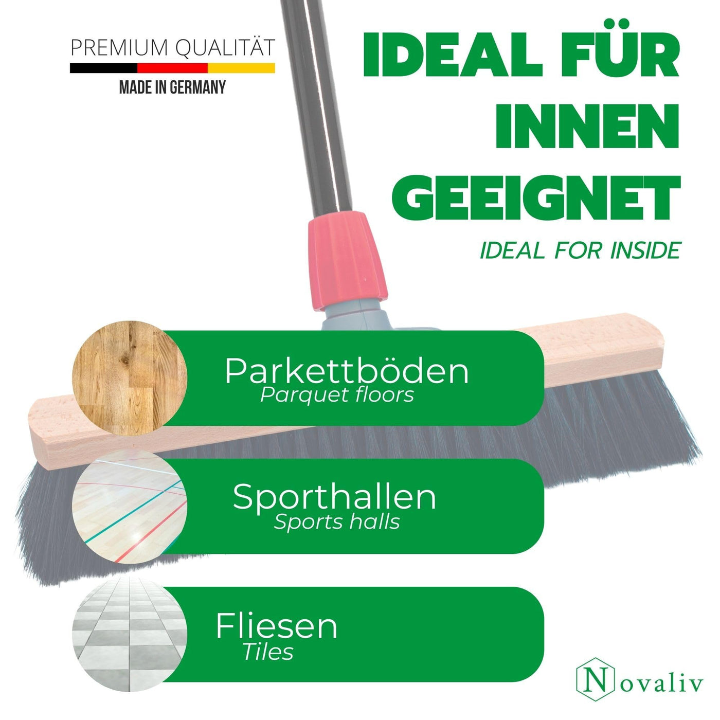 Novaliv Besen 40 cm mit Stiel Saalbesen Kunstborsten inkl. Kehrgarnitur verzinkt bestehend aus Kehrblech und Handfeger Besen fein Ideal als Werkstattbesen Hallenbesen Hausbesen mit Stiel