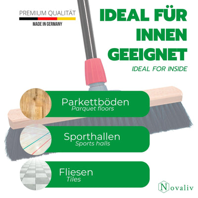 Novaliv Besen 40 cm mit Stiel Saalbesen Kunstborsten inkl. Kehrgarnitur verzinkt bestehend aus Kehrblech und Handfeger Besen fein Ideal als Werkstattbesen Hallenbesen Hausbesen mit Stiel