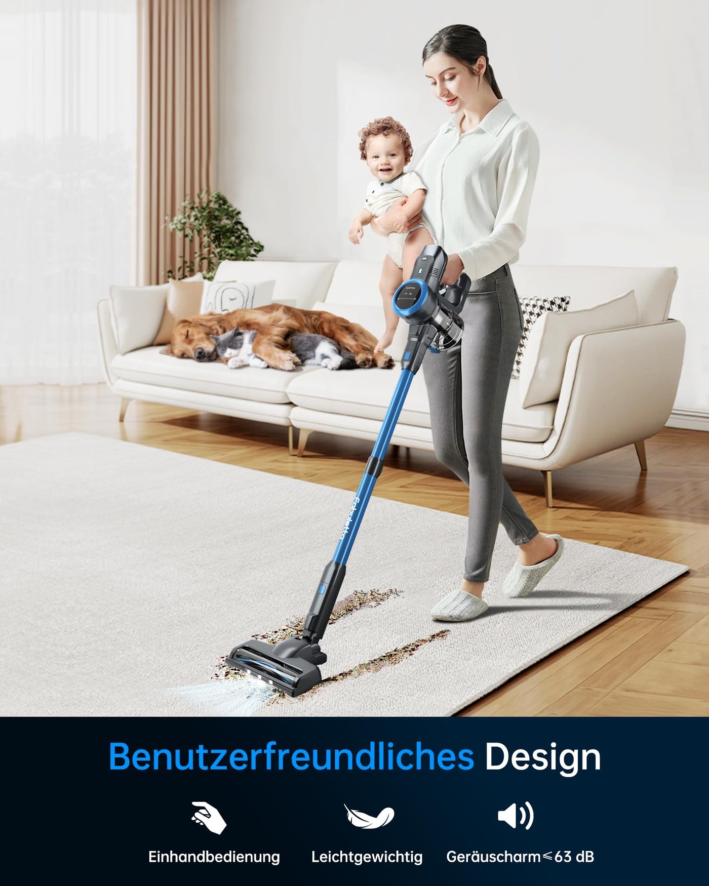 FABULETTA Akku Staubsauger, 6 in 1 Staubsauger Kabellos bis zu 50Min. Laufzeit, Leicht Akkusauger mit LED Display & Anti-Tangle-Bürste, für Teppich, Hartboden und Tierhaare (Blau)