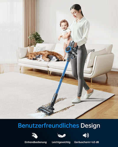 FABULETTA Akku Staubsauger, 6 in 1 Staubsauger Kabellos bis zu 50Min. Laufzeit, Leicht Akkusauger mit LED Display & Anti-Tangle-Bürste, für Teppich, Hartboden und Tierhaare (Blau)