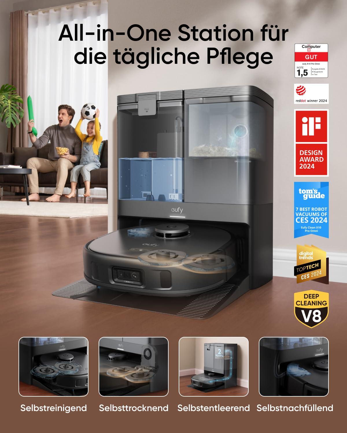 eufy X10 Pro Omni Saugroboter mit Wischfunktion & Absaugstation, 8.000Pa, Auto-Absaugen/Befüllen, 2× Auto-Lift-Mopp mit Auto-Waschen/Trocknen, Aktive Hindernisvermeidung, Kindersicherung
