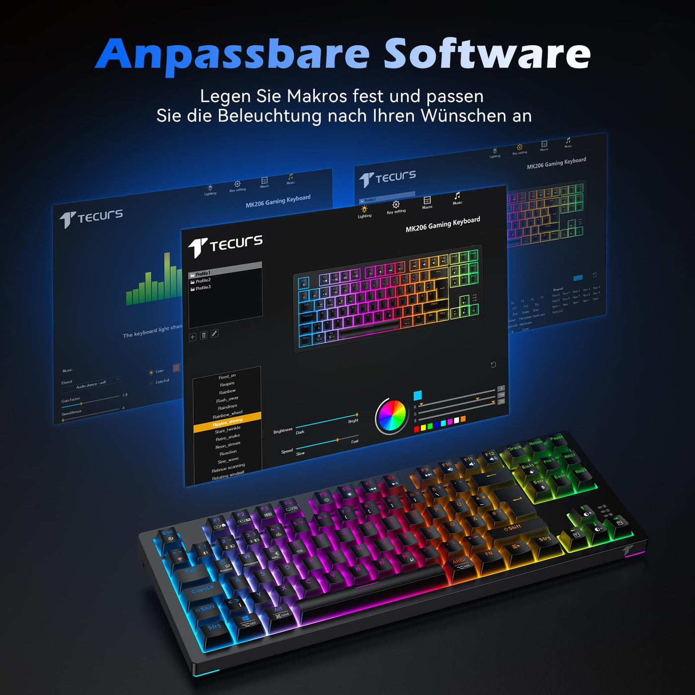 TECURS Gaming Tastatur - Mechanische Tastatur Kabellos Programmierbare 80% TKL QWERTZ mit Rote Schalter, RGB-Beleuchtung, Multimedia-Tasten, Mechanical Keyboard für PC/Mac/PS4/PS5, Schwarz