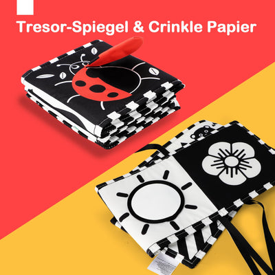 URMYWO Kontrastbuch Baby, Schwarz Weiß Doppelseitig Baby Stoffbuch, Soft Bilderbuch aus Stoff mit Spiegeln, Kinderwagen Kontrast Spielzeug Baby 0 3 6 Monate Geschenk für Babys