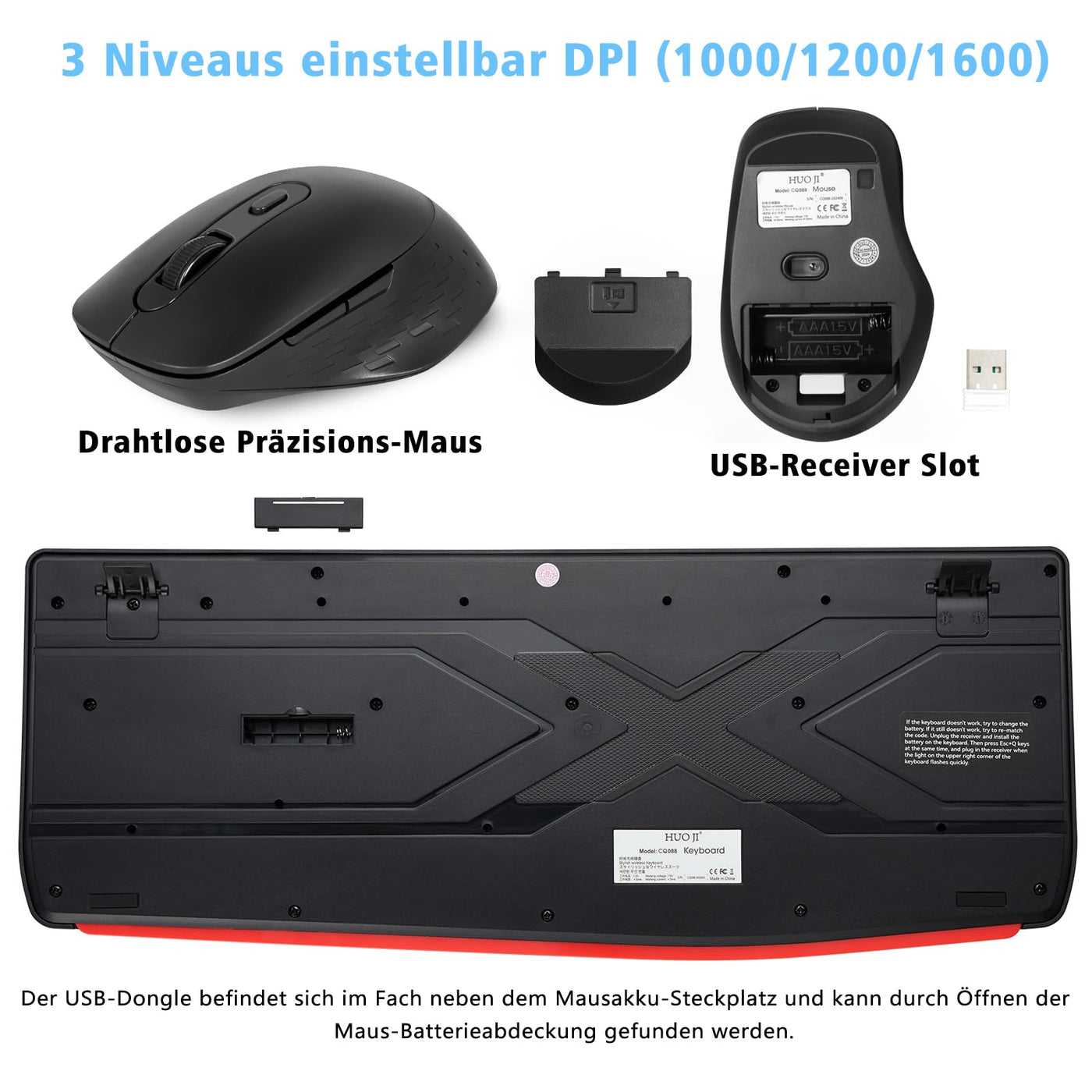 Kabellose Tastatur- und Maus-Kombination,QWERTY ergonomische 2,4-G-Computertastatur in voller Größe mit Handgelenkauflage und 3-stufiger DPI-Einstellbarer kabelloser Maus