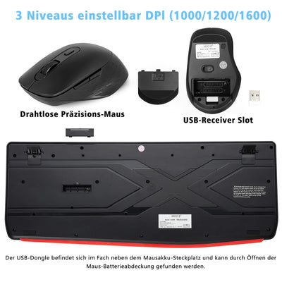 Kabellose Tastatur- und Maus-Kombination,QWERTY ergonomische 2,4-G-Computertastatur in voller Größe mit Handgelenkauflage und 3-stufiger DPI-Einstellbarer kabelloser Maus