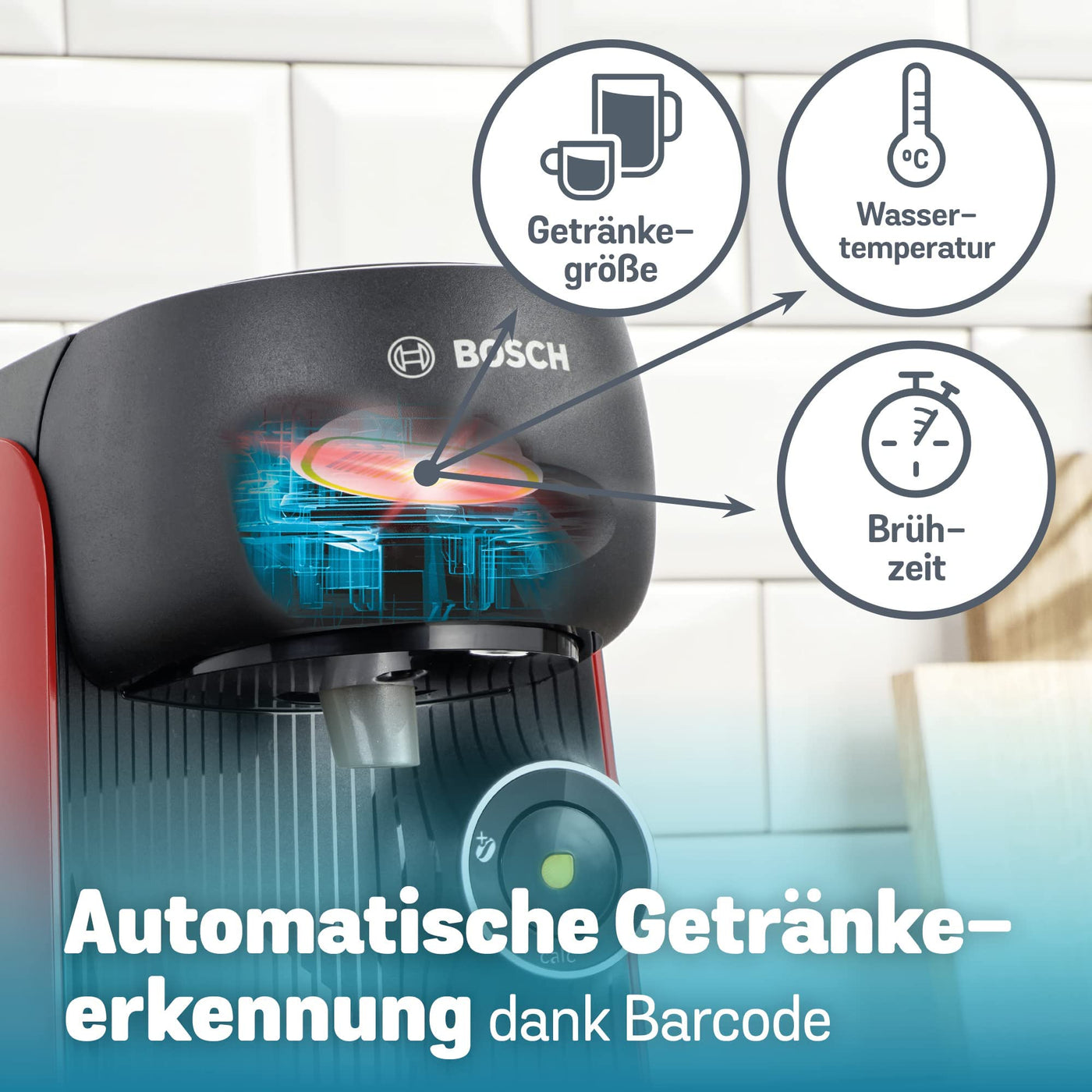 Bosch Tassimo Finesse Kapselmaschine TAS16B7 Kaffeemaschine by, 70 Getränke, intensiverer Kaffee auf Kopfdruck, Abschaltautomatik, perfekt dosiert, platzsparend, 1400 W, rot