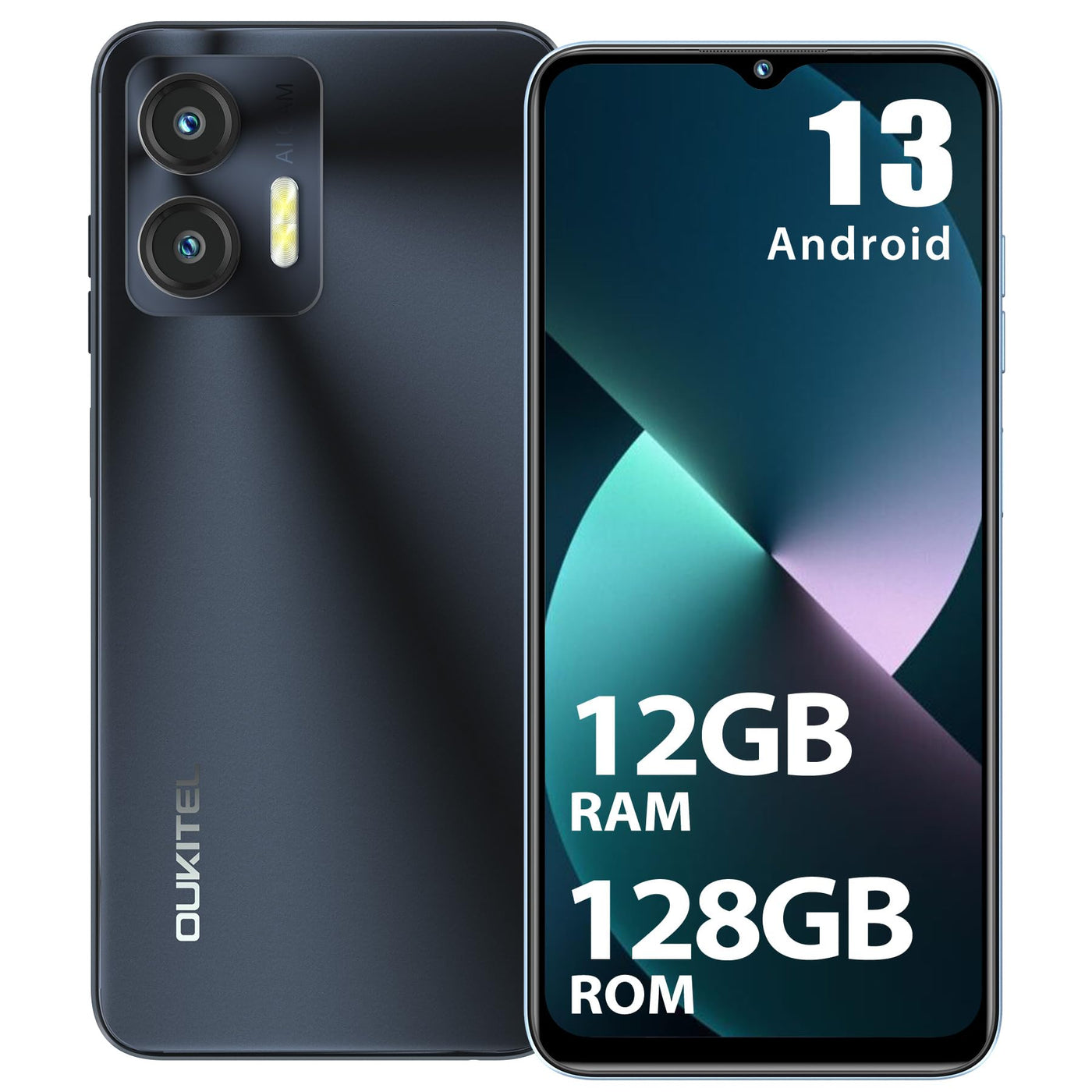 OUKITEL C36 (2023) Handy Ohne Vertrag, 12GB+128GB/1TB erweiterbar, 5150mAh 6.56" HD+ Display Android 13 günstig Smartphone 4G, Octa Core Prozessor, 13MP Panorama Kamera,Dual SIM 3 Steckplatz, Wi-Fi