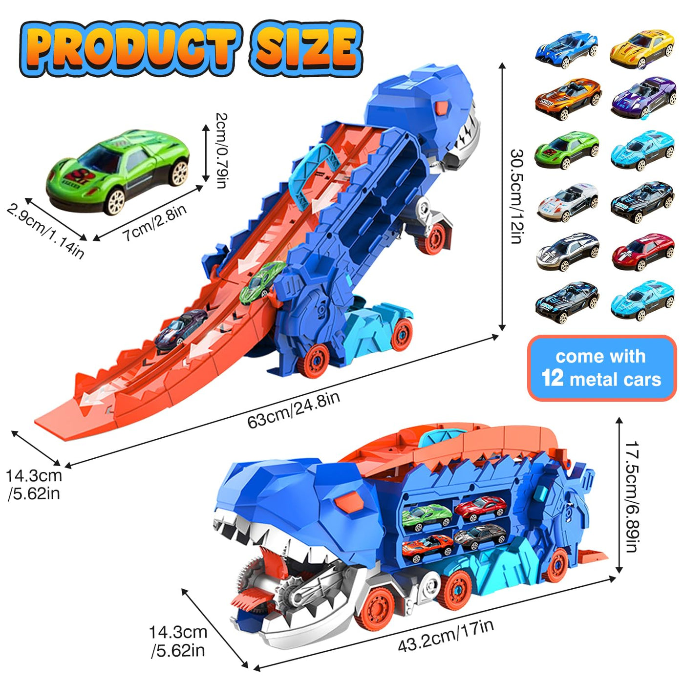 Esteopt Transport Truck Spielzeug Autos für Jungen Alter 3 4 5 6 7, tragbare Dinosaurier Rennstrecke Truck mit 12 Dinosaurier Set Geschenkbox (Blau)