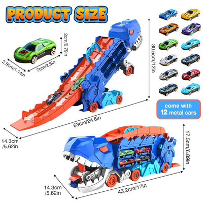 Esteopt Transport Truck Spielzeug Autos für Jungen Alter 3 4 5 6 7, tragbare Dinosaurier Rennstrecke Truck mit 12 Dinosaurier Set Geschenkbox (Blau)