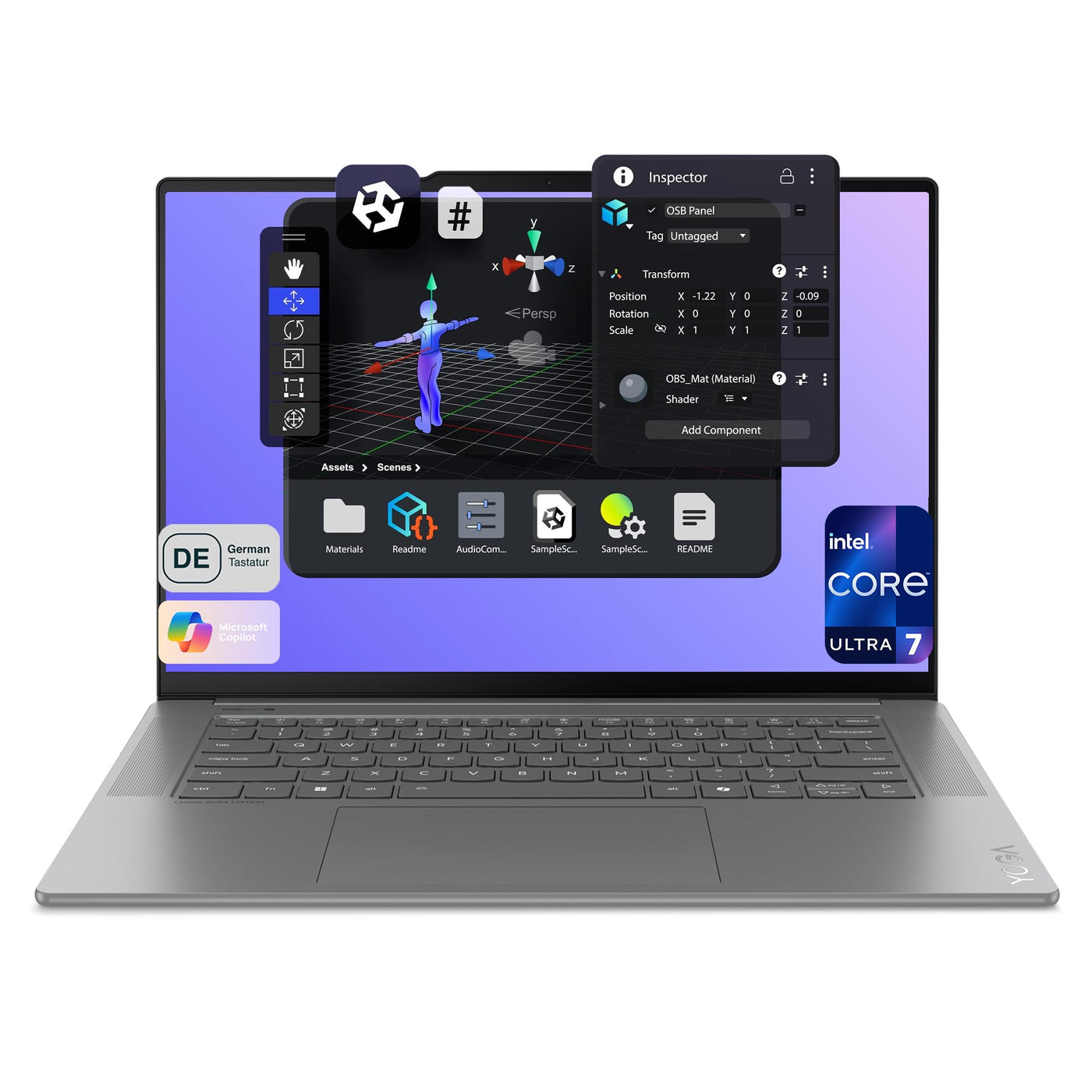 Lenovo Yoga Slim 7i Laptop, Intel Core Ultra 7-258V, 32 GB LPDDR5x RAM, 2 TB PCIe SSD, 15.3" 2.8K Display, Intel Arc Grafik 140V, QWERTZ Tastatur, Windows 11 Home, Luna Grey