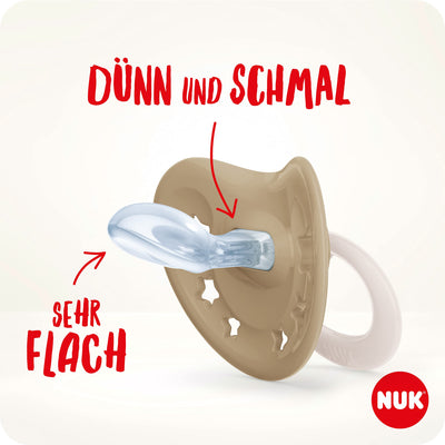 NUK Signature Babyschnuller | 0−6 Monate | Beruhigt 95 % der Babys | BPA-freie Silikonschnuller in Herzform | Mit Etui | Grüne Sterne | 2 Stück