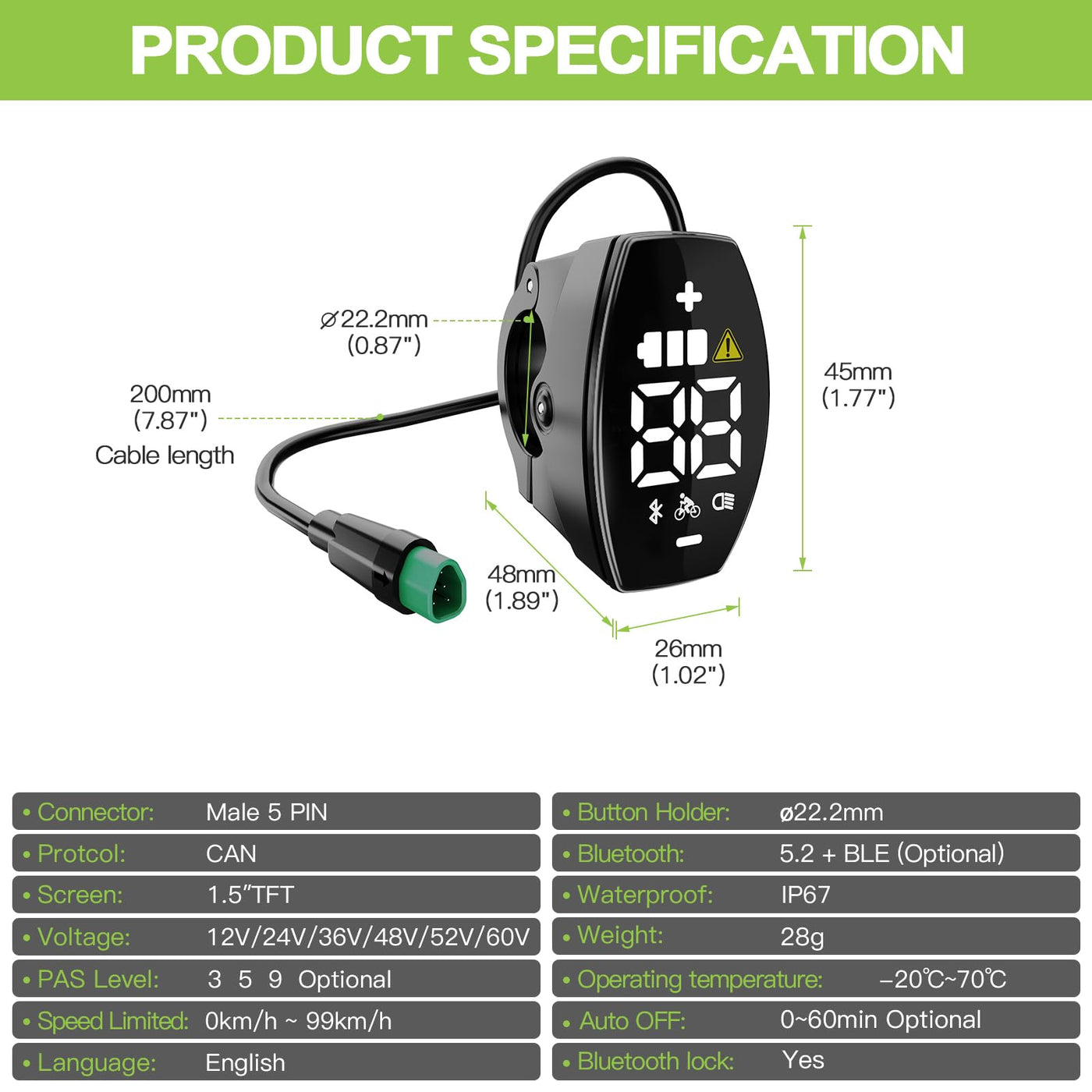 Varstrom VD03 Display für BAFANG-Kit – Kompatibel mit M200 M400 M500 M600 M620 M420 M510 M625 M325 M225 Mittelmotoren und den neuesten 2025 BBS01B BBS02B HD Kits (Dreieck-Stecker)