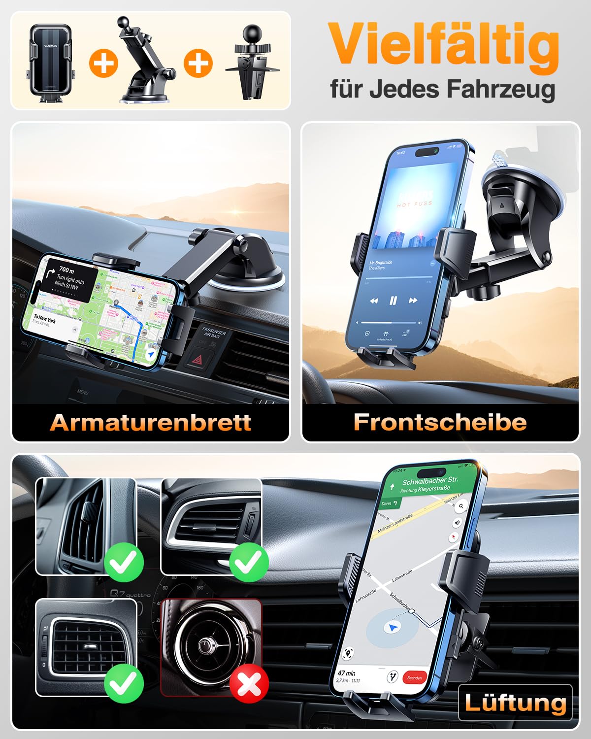 VANMASS 2025【True Militär-Klasse】Handyhalterung Auto【Stärkste Saugnapf & Lüftungsclip 】4 in 1 Handy Halterung Auto Handyhalter 360° drehbar Autohalter für iPhone 17 Pro Max/17 Air/16/15/14 Samsung S25