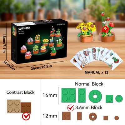 12 Blumen Sukkulenten 3.6MM Mini Bausätze – 1403 Stück Botanisches Set, Büro & Heimdekor, Blumenpflanzen, Bonsai Bausteinspielzeug, kreatives Bauprojekt für Erwachsene, Geschenke für Frauen Kinder 10+