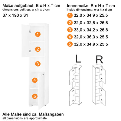 trendteam smart living - Hochschrank Badschrank - Bad - Amanda - Aufbaumaß (BxHxT) 37 x 190 x 31 cm - Farbe Weiß Hochglanz - 139310301