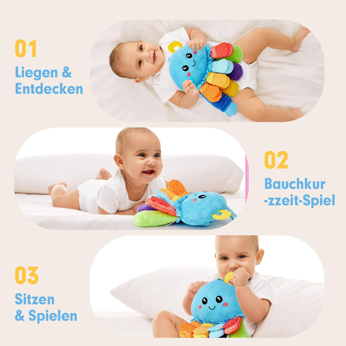 hahaland Oktopus Activity Sensorik Rassel mit Beißring,Spiegel,Baby Knister Spielzeug zum Greifen für Jungen und Mädchen 0 3 6 Monate,Neugeborene Geschenk, Montessori Greifling Spielzeug