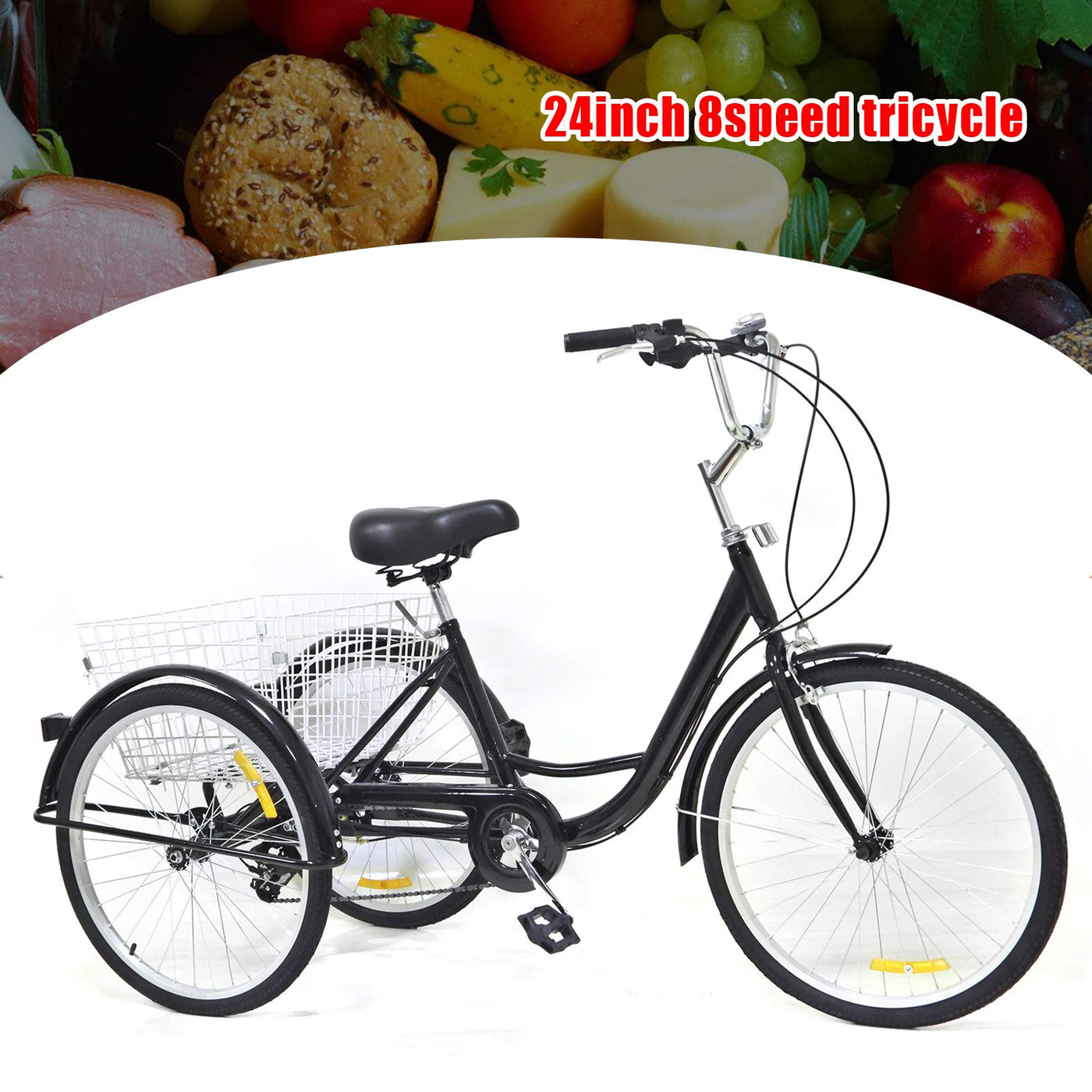 Chynalys 24'' 8 Gang Dreirad für Erwachsene, Cruiser Fahrräder Lasten-Dreirad Trike Bike mit Bsaket, Hochkohlenstoffstahl Erwachsenen-Dreirad für Outdoor, verstellbar (24 Zoll, schwarz)