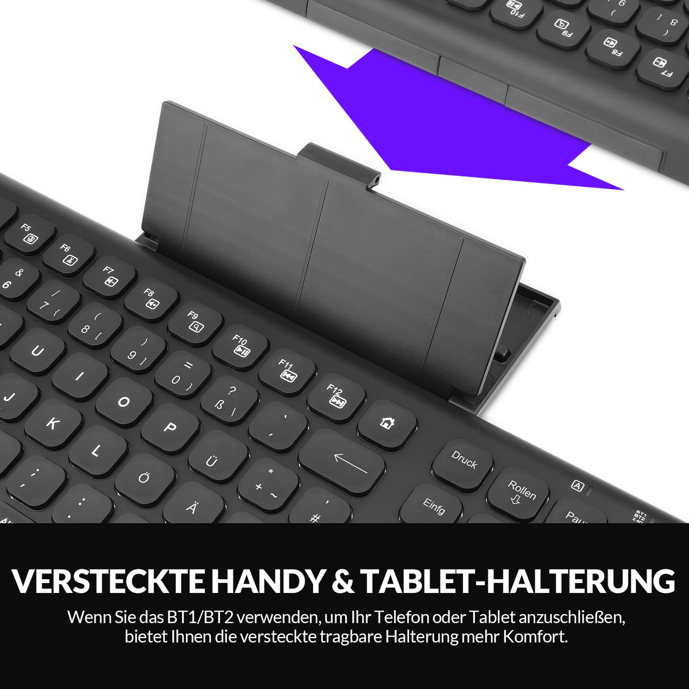 Rii Bluetooth Tastatur Kabellos, Gaming Tastatur Bluetooth mit QWERTZ, Tastatur Gaming Keyboard mit Halterung, Kabellose Tastatur Beleuchtet für PC/Tablet