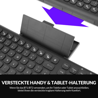 Rii Bluetooth Tastatur Kabellos, Gaming Tastatur Bluetooth mit QWERTZ, Tastatur Gaming Keyboard mit Halterung, Kabellose Tastatur Beleuchtet für PC/Tablet