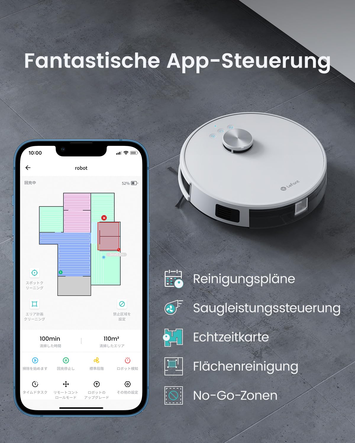 LEFANT Saugroboter mit Wischfunktion M1, 4000Pa Saugleistung Staubsauger Roboter 200min Laufzeit, Mehrstufiges Mapping, No-Go-Zonen, Saug und Wischroboter für Tierhaare, Teppiche und Hartböden