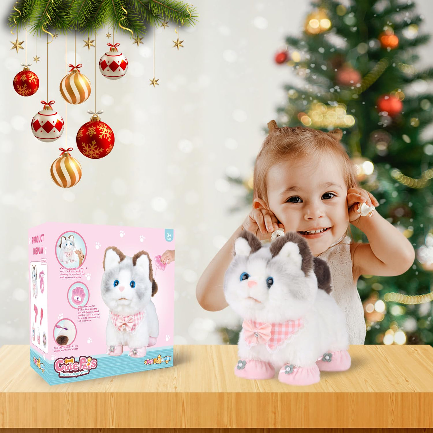 RuiDaXiang Elektronische Walking Plüsch Spielzeug Katze mit Fernbedienung Leine, realistische interaktive Begleiter Haustier Katze mit Zubehör, für 3-6 Jahre Jungen & Mädchen