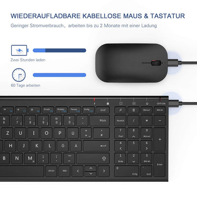 seenda Tastatur Maus Set Kabellos, Wiederaufladbare Aluminium Tastatur mit kompaktes Design, Ultradünne und Leise Funktastatur mit Maus für PC/Laptop/Smart TV, QWERTZ Layout, Schwarz