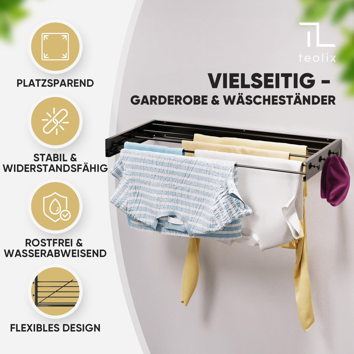 teolix Wäscheständer Wandmontage [2in1 mit extra Kleiderhaken] Ausziehbar und Platzsparend | Wäschetrockner Klein für Wand | Clothes Drying Rack Zeitlos Praktisch - (Schwarz, 80cm)