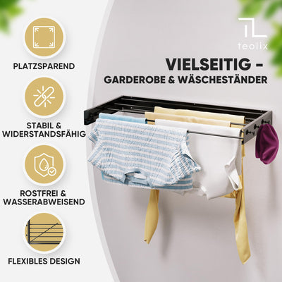 teolix Wäscheständer Wandmontage [2in1 mit extra Kleiderhaken] Ausziehbar und Platzsparend | Wäschetrockner Klein für Wand | Clothes Drying Rack Zeitlos Praktisch - (Schwarz, 80cm)