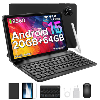 DOOGEE Tab A9+ Android 15 Tablet 11 Zoll, T7200 Octa Core 8580mAh, 20GB RAM+64GB ROM(TF 2TB), 90Hz, 13MP + 5MP Gaming Tablets mit Tastatur, Stift, Maus, Hülle, WiFi 5/WidevineL1/Face ID/OTG, Schwarz