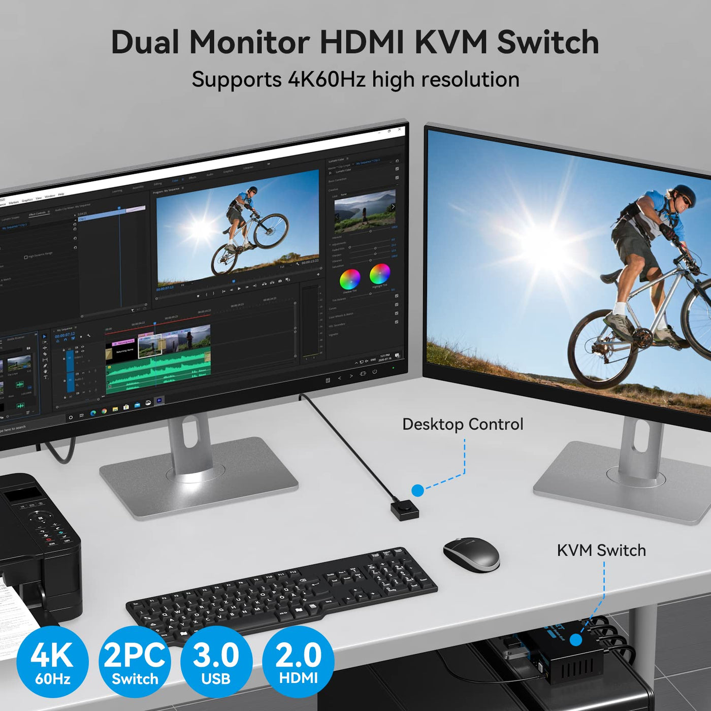 HDMI USB 3.0 KVM Switch 2 PC 2 Monitore 4K60Hz KVM-Switches für Zwei Computer teilen sich Dual Monitor und Vier Peripheriegeräte Support Extended & Copy Mode mit Desktop-Controller und 2xUSB-Kabeln