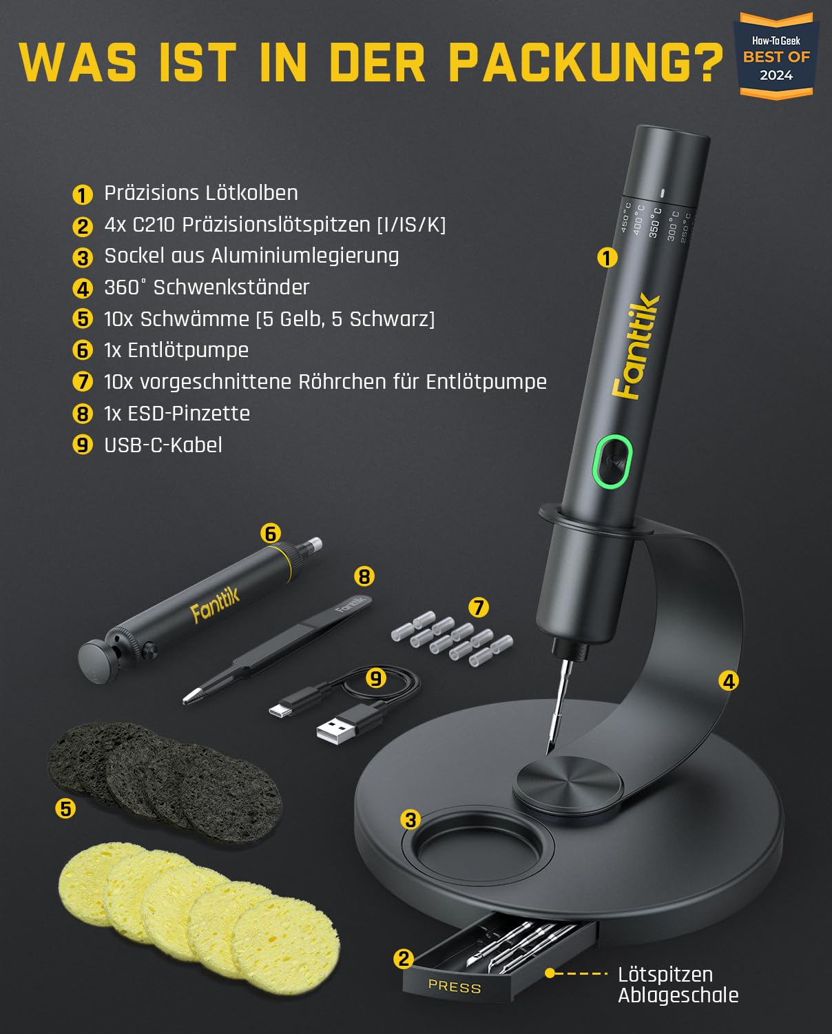 Fanttik T1 Max Präzisions Lötkolben Set, kabelloser Lötkolben, 7 Sek. schnelles Aufheizen，6 Temperatur Einstellbar 200~450 ℃, 4 Lötspitzen (C210), 360° drehbarer Ständer, Lötkolben für Reparaturen