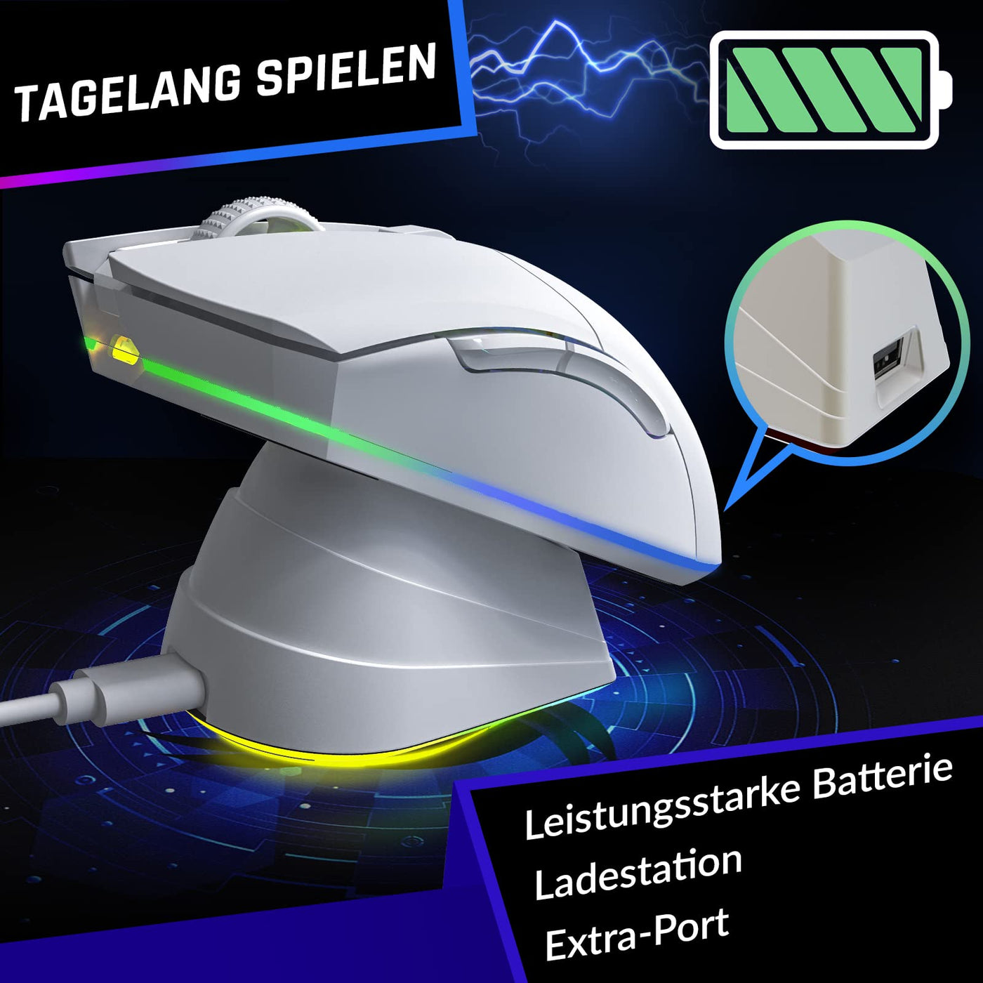KLIM Blaze Pro – Gaming-Maus, kabellos, RGB wiederaufladbar, mit Ladestation – Neuheit 2024 – Hochpräziser Sensor mit Langer Akkulaufzeit – 6000 DPI – kabelgebundene und kabellose Maus – Weiß