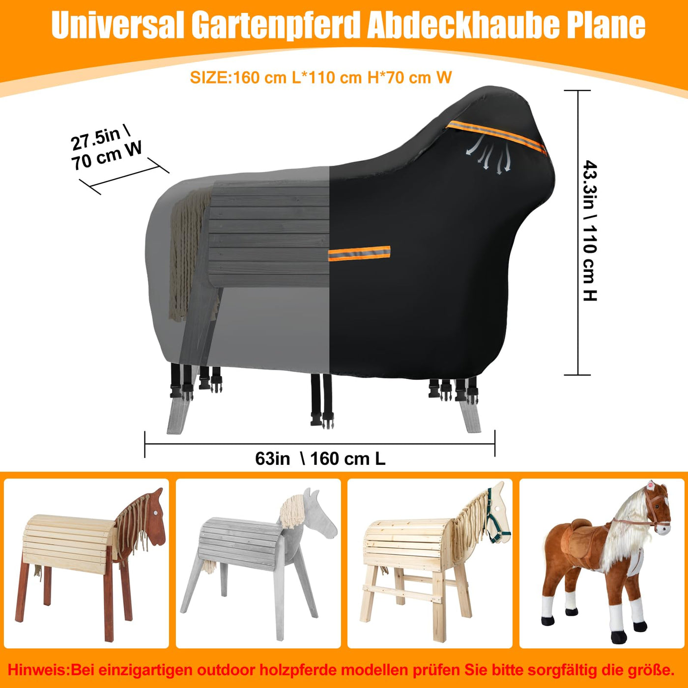 Abdeckung für Holzpferd Wasserdicht Outdoor, 420D Oxford Holzpferd für Draußen Abdeckplanen, UV-beständig Universal Garten-pferd Abdeckplane mit Wasserdichten Streifen & 5 Reflektierenden Streifen