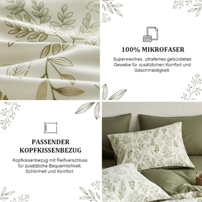 Tospass Blumen Bettwäsche 200x200 cm Olivgrün Weiß Blätter Pflanzen Muster Bettwäsche Set Floral Bettbezug Mikrofaser Wende Bettwäsche 1 Deckenbezug mit Reißverschluss 2 Kissenbezug 80x80 cm