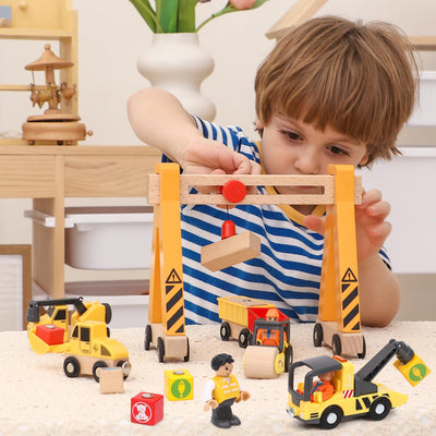 Baufahrzeuge Baustelle Kinder Geschenke Jungen 2 3 4 5 Jahre Holz Magnetisch Fahrzeug Spielzeug mit Portalkran, Bagger, Kranwagen, Straßenroller, Abschleppfahrzeug, Holzspielzeug Geschenkideen Jungen
