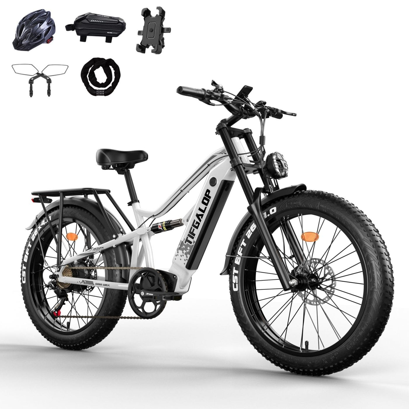 Lohang Elektrofahrrad für Erwachsene, 26-Zoll-Offroad-Reifen, 52V19Ah-Akku, Reichweite 45–90 km, Doppelstoßdämpfer, Doppelhydraulik-Scheibenbremsen, 7 Gänge, Unisex-Elektrofahrrad