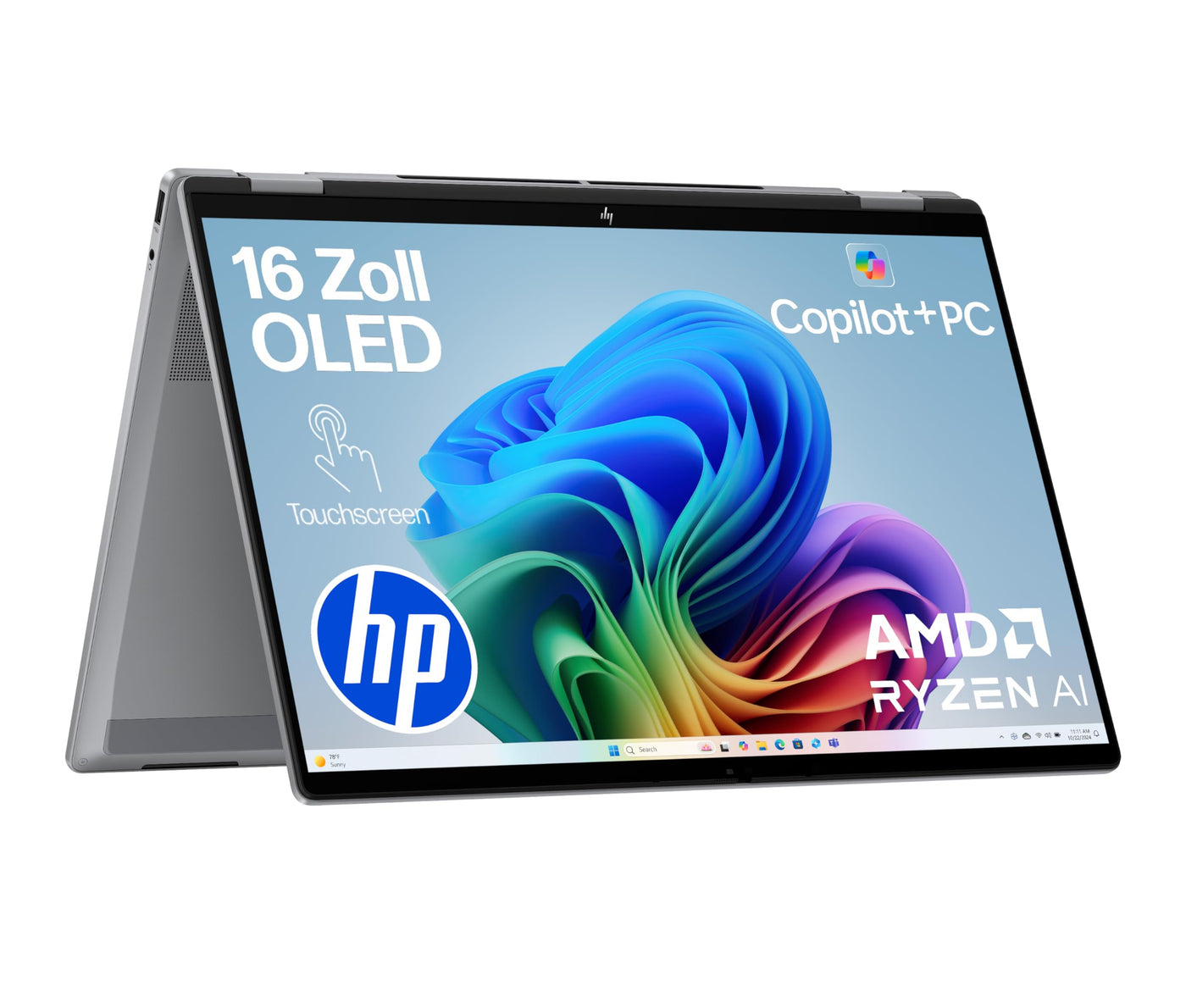 HP OmniBook X Flip 2in1 Next Gen AI Laptop | AMD Ryzen AI 7 350 (8C) | dedizierte NPU für KI | 50NPU Tops | Copilot+ PC | 16" 3K 2880x1800 OLED-Touchscreen | 16GB | 1TB SSD | Win11 | QWERTZ | Silber